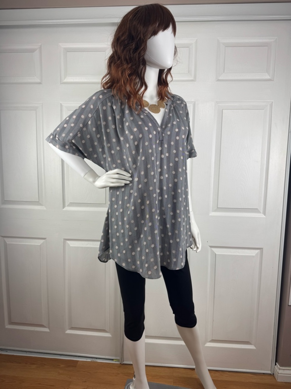 Worthington Gray Polka Dot V-Neck Tunic